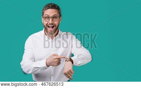 Punctual Man Check Time On Watch At Studio With Copy Space. Punctual Man Check Time On Watch