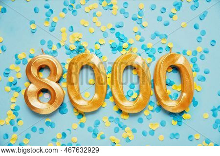 8000 Eight Thousand Followers Card. Template For Social Networks, Blogs. On Yellow And Blue Confetti