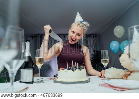 Attractive Crazy Laughing Birthday Woman With Bread-knife Planning To Cut Her Birthday Cake While Ce