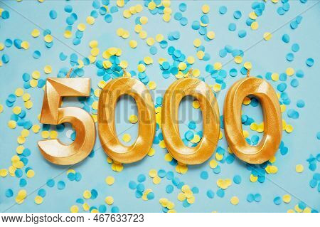 5000 Followers Card. Template For Social Networks, Blogs. On Yellow And Blue Confetti Festive Backgr