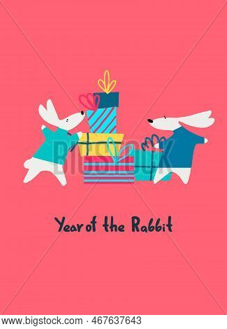 Year Of The Rabbitgreeting Card With Water Rabbit, Zodiac Animal For 2023 And Hand-lettered Greeting