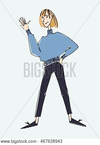 Figure Of A Young Woman Waving. Flat Style, Isolated Vector Element