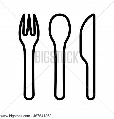 Cutlery, Disposable Fork, Spoon And Knife. Disposable Eco Friendly Material Tableware Set. Vector Il