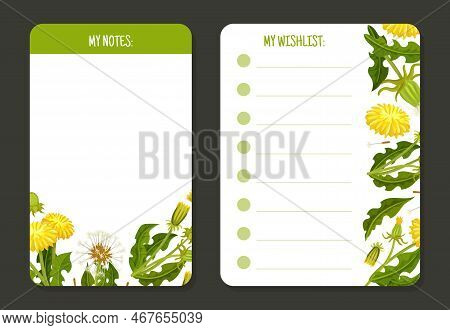 Dandelion Notes And Wishlist Page Design With Flowering Plant With Yellow Flower Head Vector Templat