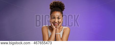 Close-up Amused Tender Romantic African-american Woman In Stylish Glittering Silver Evening Dress To