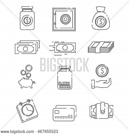 Set Vector Line Icons Related To Coins With Banknotes. Contains Such Icons Stack Of Coins, Donation,