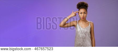 Freaked Out Bothered African-american Woman In Glittering Dress Make Finger-gun Wanna Pul Trigger An