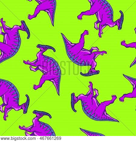 Color Pattern Of Hadrosaurs On Light Green Background In Hand Drow Style For Print And Design.vector