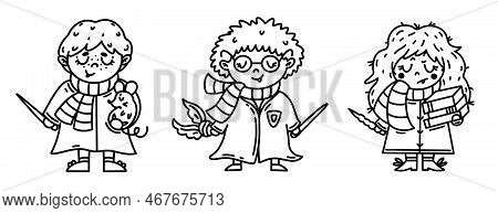 Golden Trio Vector Set. Coloring Book For Children. Cute Kids Wizards With Magic Wands, In Robes. Wi