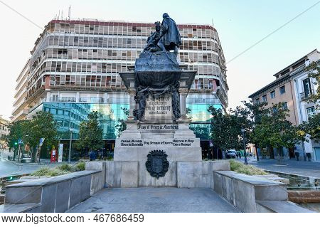 Granada, Spain - Nov 30, 2021: Plaza Isabel La Catolica In Granada - Beautiful City In Andalusia, Sp
