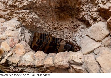Hararit, Israel, October 28, 2022 : View Of The Main Hall Through A Hole In The Ceiling Of The Cave 