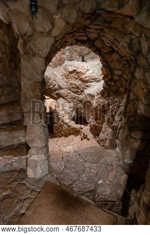 Hararit, Israel, October 28, 2022 : A Spiral Stone Staircase Leading To The Main Hall In The Cave Ch