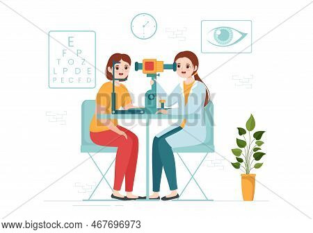 Optometrist With Ophthalmologist Checks Patient Sight, Optical Eye Test And Spectacles Technology In