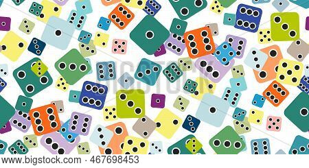 Gambling Game Dice. Seamless Pattern Of Flat Gaming Poker Cubes With Black Dots On Color . Object To