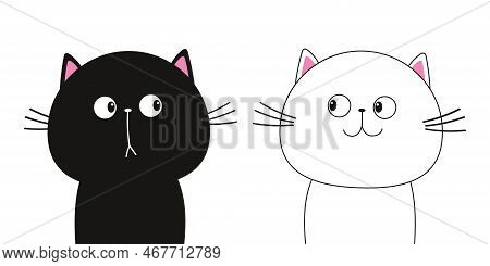 White Black Cat Face Head Line Contour Silhouette Icon Set. Pet Collection. Funny Kawaii Sad Smiling