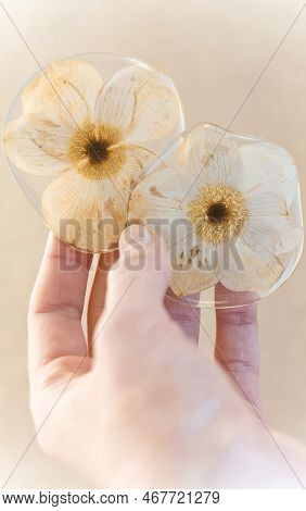 Close Up Female Hand Showing Dry Flowers In Epoxide Resin Concept Photo. First View Person Photograp