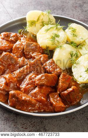 Authentic Austrian Beef Goulash Which Is Known For Its Especially Thick Gravy Closeup On The Plate O