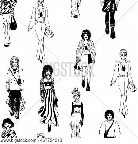 Seamless Pattern. Women In Trendy Clothes. Defile Sketch.