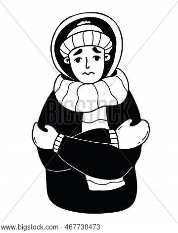 Unhappy Man Freezing Wearing Winter Clothes Shivering. Vector Illustration In Doodle Style. Winter S