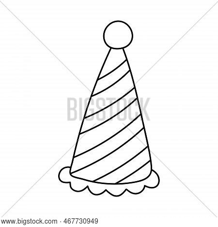 Party Hat In Doodle Style. Conical Birthday Striped Hat With Bubo. Black And White Vector Illustrati