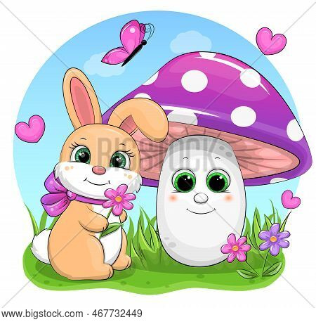 Cute Cartoon Rabbit With Mushrom, Flowers, Butterfly And Hearts. Vector Illustration Of Animal In Na