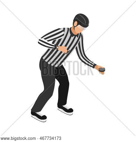 Ice Hockey Isometric Composition With Isolated Human Character In Uniform On Blank Background Vector