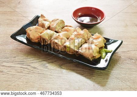 Grilled Beef Dressing Mayonnaise Topping Egg Shrimp Sushi Japanese Food With Wasabi Dipping Soy Sauc