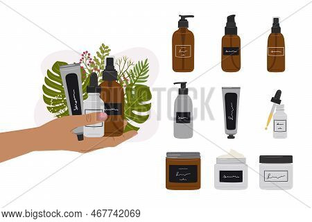 Female Hand Holds Organic Cosmetic Products In Bottles, Jars For Skincare With Abstract Shape And Gr