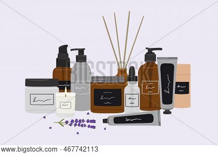 Vertical Compositions With Organic Cosmetic Products In Bottles, Jars, Tubes For Skin Care With Lave