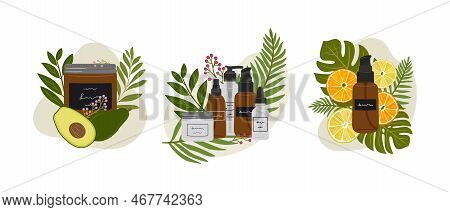 Set Of Compositions With Organic Cosmetic Products In Bottles, Jars For Skin Care With Abstract Shap