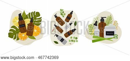Set Of Compositions With Organic Cosmetic Products In Bottles, Jars For Skin Care With Abstract Shap