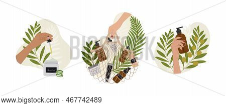 Set Of Female Hands Hold Natural Organic Cosmetic Products In Bottles, Jars For Skincare With Abstra