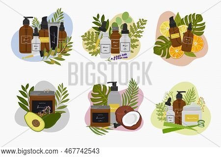Big Set Of Compositions With Organic Cosmetic Products In Bottles, Jars For Skin Care With Abstract