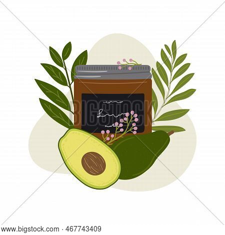 Composition With Organic Cosmetic Products In Jar For Skin Care With Abstract Shape And Greenery, Av