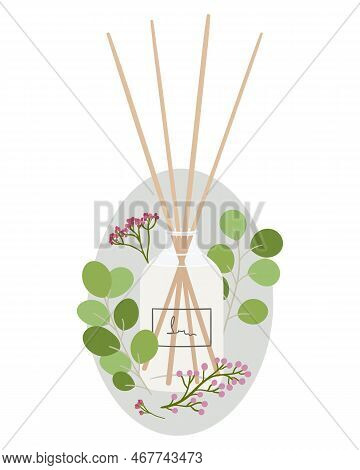 Composition With Aroma Diffusor With Abstract Shape, Greenery, Flower. Home Aromatherapy. Hand Draw