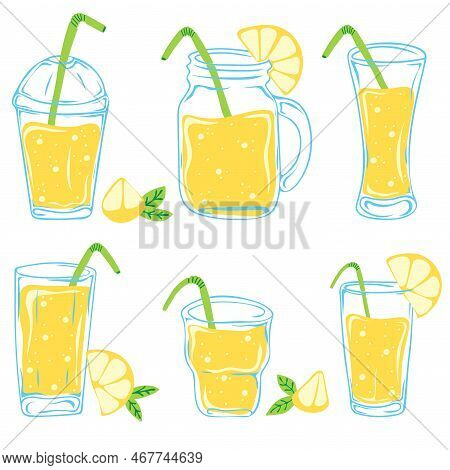 Glasses Of Lemonade With Lemon Slices. Set Of Summer Drinks. Vector Illustration