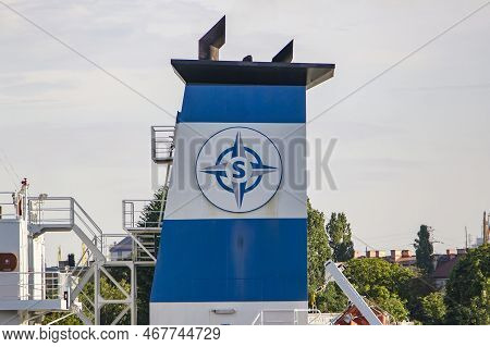Gdansk, Poland - July 31 ,2022: Chimney Of Cargo Vessel Of Sirius Shipping Company In Gdansk