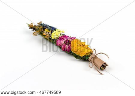 Smudge Stick To Banish Bad Energy. Dried Herbs Bound In Bundles And Hung On The Rope. Homemade Incen