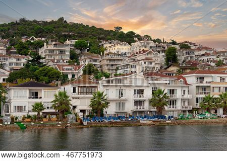 View Of The Mountains Of Kinaliada Island From Marmara Sea, With Traditional Summer Houses And Boats