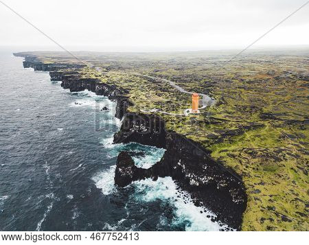 Stormy Sea And Svortuloft Lighthouse On A Cold Autumn Day