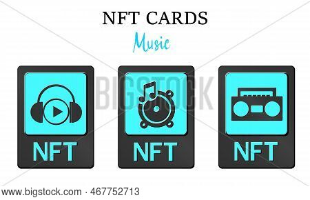 3d Nft Token Cards In Cryptography. Nft Cards With Music. A Non-fungible Token With Information From