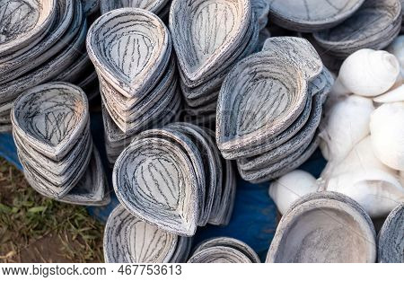 Closeup Of Stone Pradip Or Diya In A Fair For Selling In Horizontal Orientation