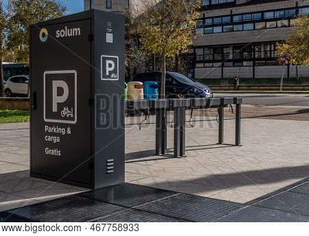 Palma De Mallorca, Spain; December 16 2022: Public Electric Scooter Recharging Parking Lot At The Un