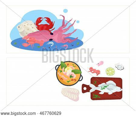 Seafood Restaurant Set, Vector Illustration. Sea Ocean Fish And Food Banner Design, Cooking Shellfis