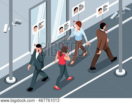 Isometric Public Security Horizontal Composition With Characters Of Walking People And Cameras Recog