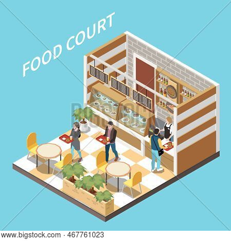 Food Court Isometric View Customers Paying For Food At Checkout Counter Carrying Meals To Table Vect