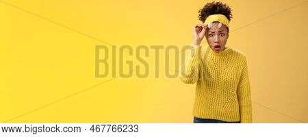 Concerned Amazed Speechless African-american Student Girl Drop Jaw Take-off Glasses Widen Eyes Surpr