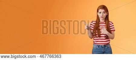 Insecure Questioned Frustrated Cute Redhead Girl Feel Nervous Unsure About Offer Frowning, Grimacing