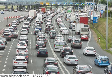 Car Congestion At Motorway Toll Collecting Station Krakow Balice In Summer