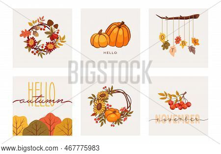 Fall Thanksgiving Pumpkins, Hello Autumn Square Cards. September Doodle Orange Trees, Halloween Mapl